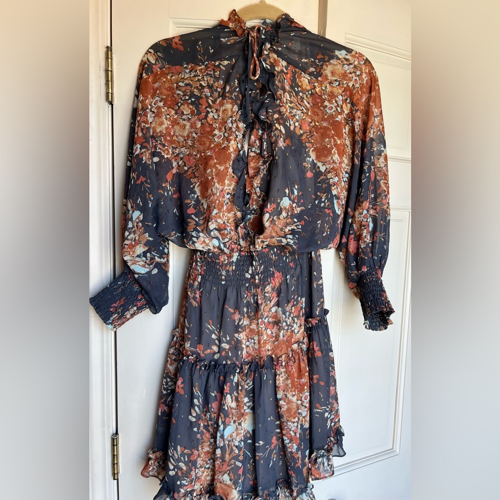 lovestitch Floral Long Sleeve Ruffle Tiered Dress in Charcoal and Rust